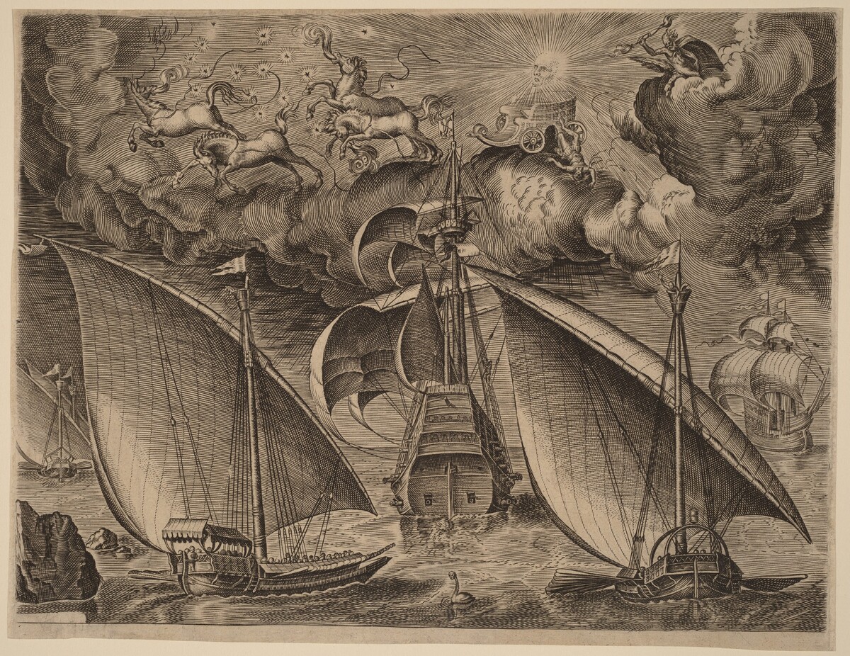 Two Galleys behind an Armed Three-Master with Phaethon and Jupiter in the Sky by possibly by Cornelis Cort after Pieter Bruegel the Elder