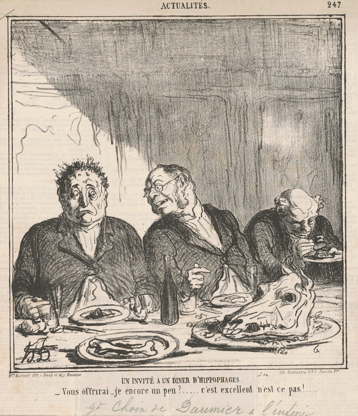 Un invité à un dîner d'hippophages: Vous offrirai-je encore un peu?  C'est excellent, n'est-ce pas? by Honoré Daumier