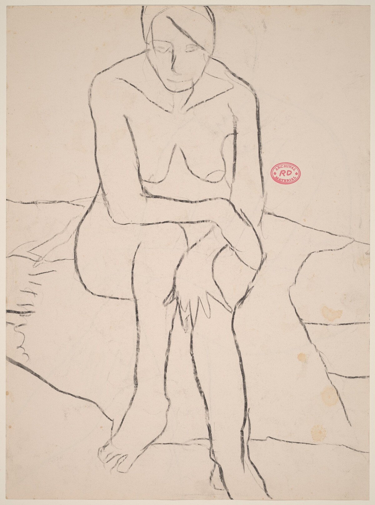Untitled [front view of a female nude seated on a bed] [recto] by Richard Diebenkorn