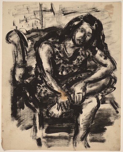 Long-haired Woman Seated with Left Leg Crossed and Hands on Ankle