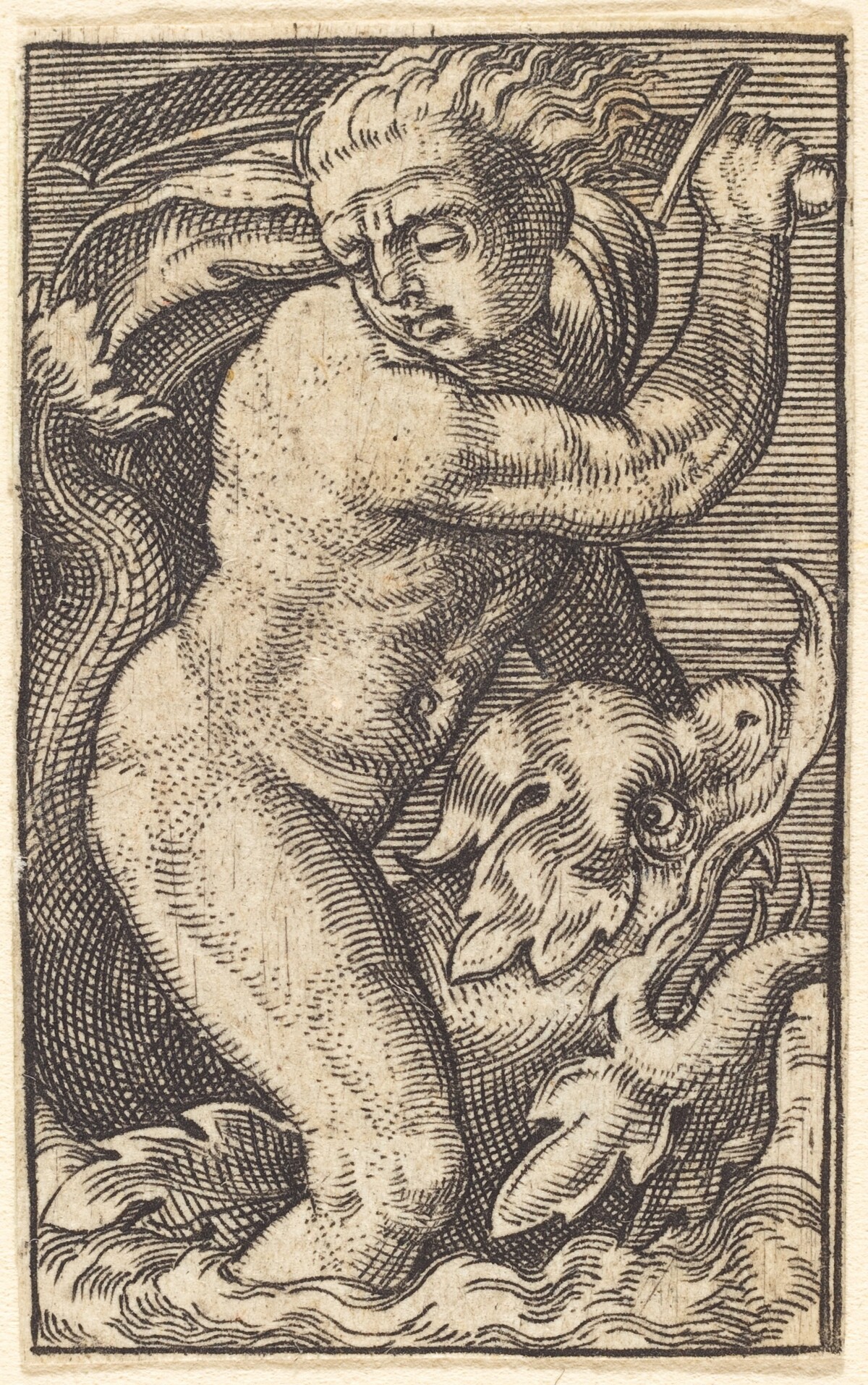 Sea-God on a Dolphin Riding to the Left by Jacob Binck after Barthel Beham