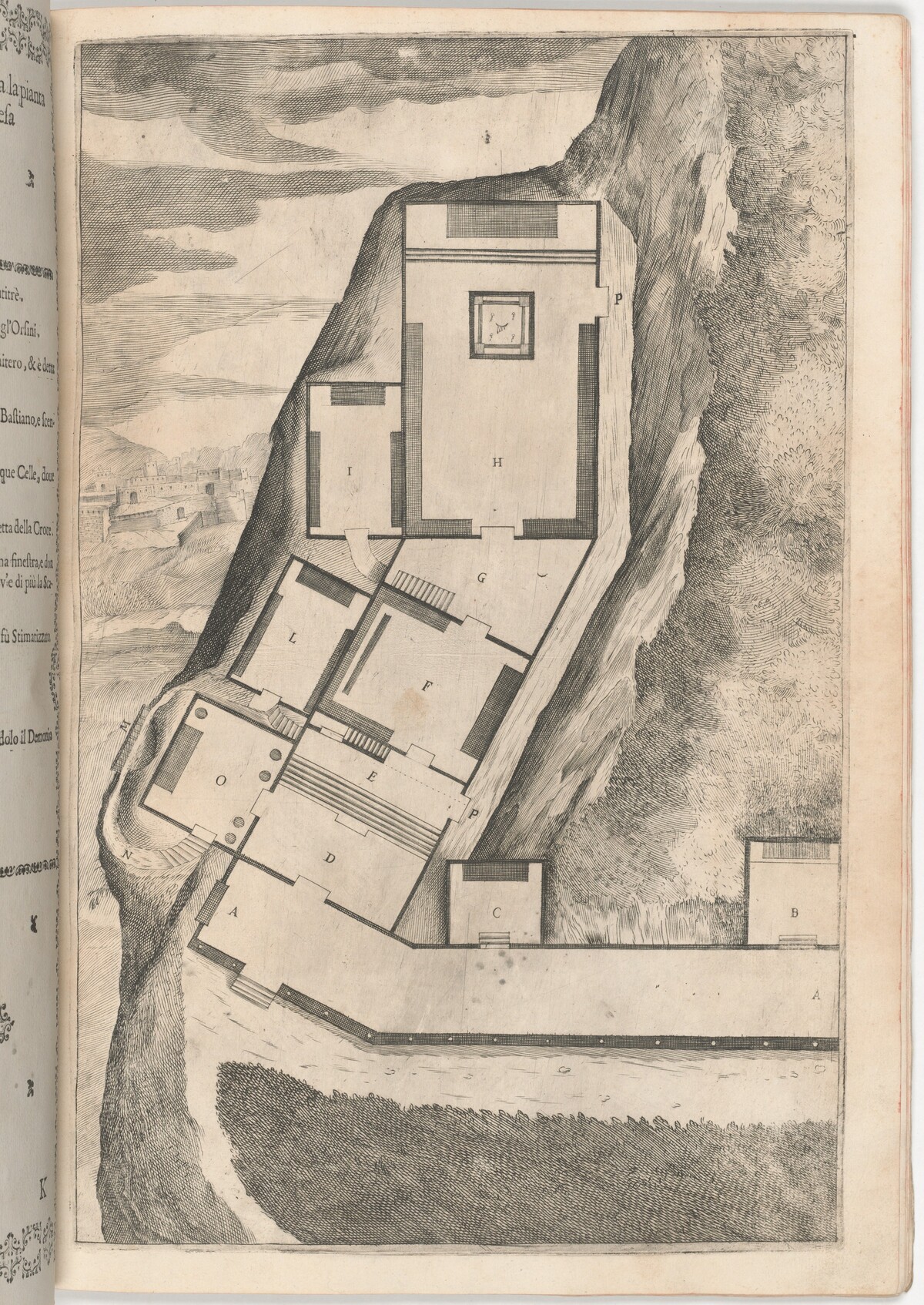 Plan of the Rooms and Church of the Sacred Monastery (Pianta di parte della loggia e del sacro eremo) [plate K] by Jacopo Ligozzi (artist), Anonymous engraver possibly Domenico Falcini, Lino Moroni (author)