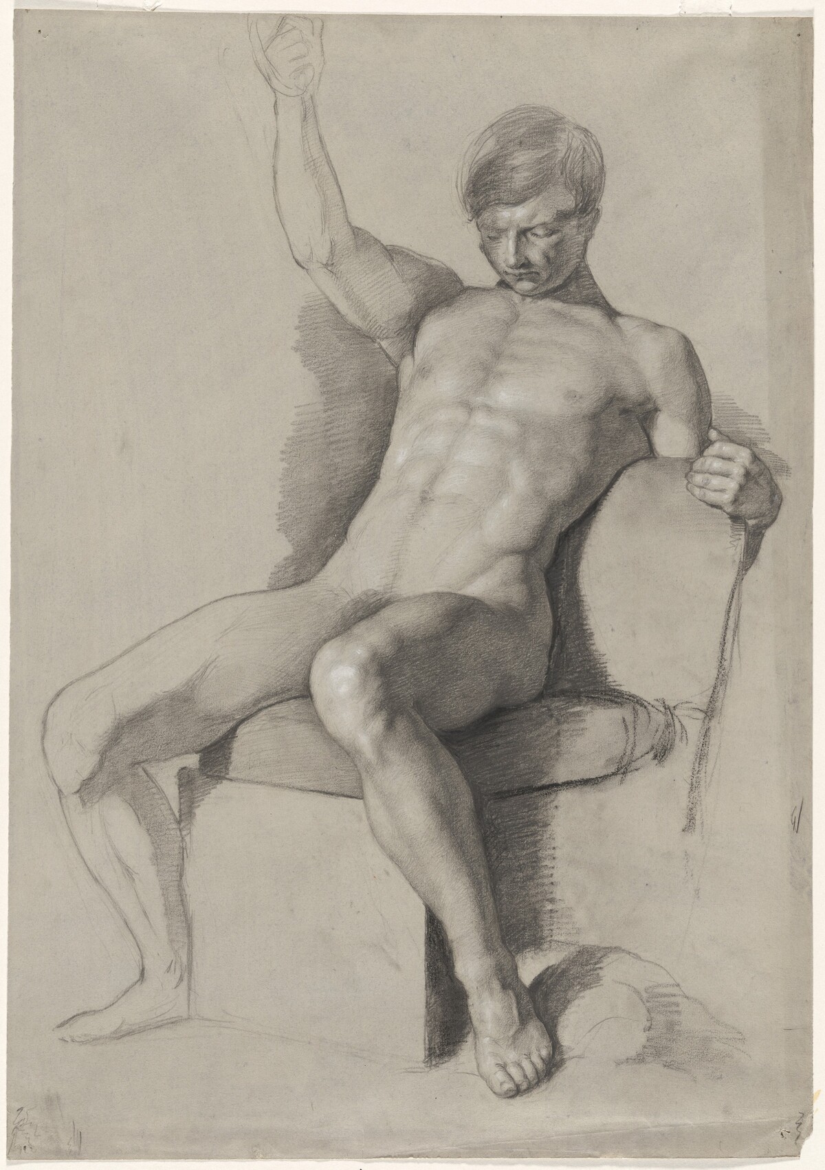 Seated Male Nude with Raised Right Hand by William Linnell