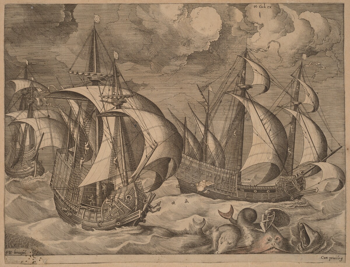Three Caravels in a Rising Squall with Adrion on a Dolphin by Frans Huys after Pieter Bruegel the Elder