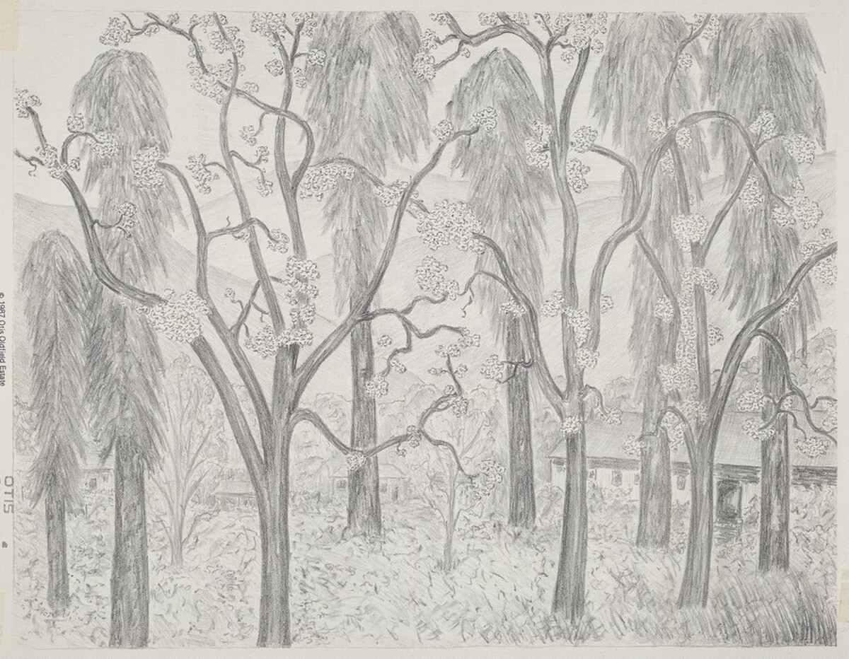 Untitled (Village Amidst Flowering and Other Trees, Mountains in Background) by Otis William Oldfield