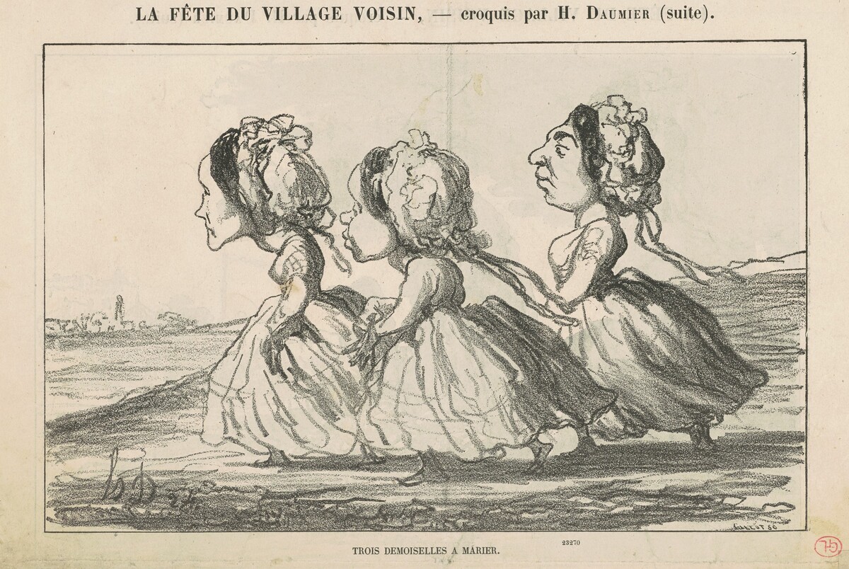 Trois demoiselles à marier (recto); Famille bourgeoise convaincue ... (verso) by Honoré Daumier