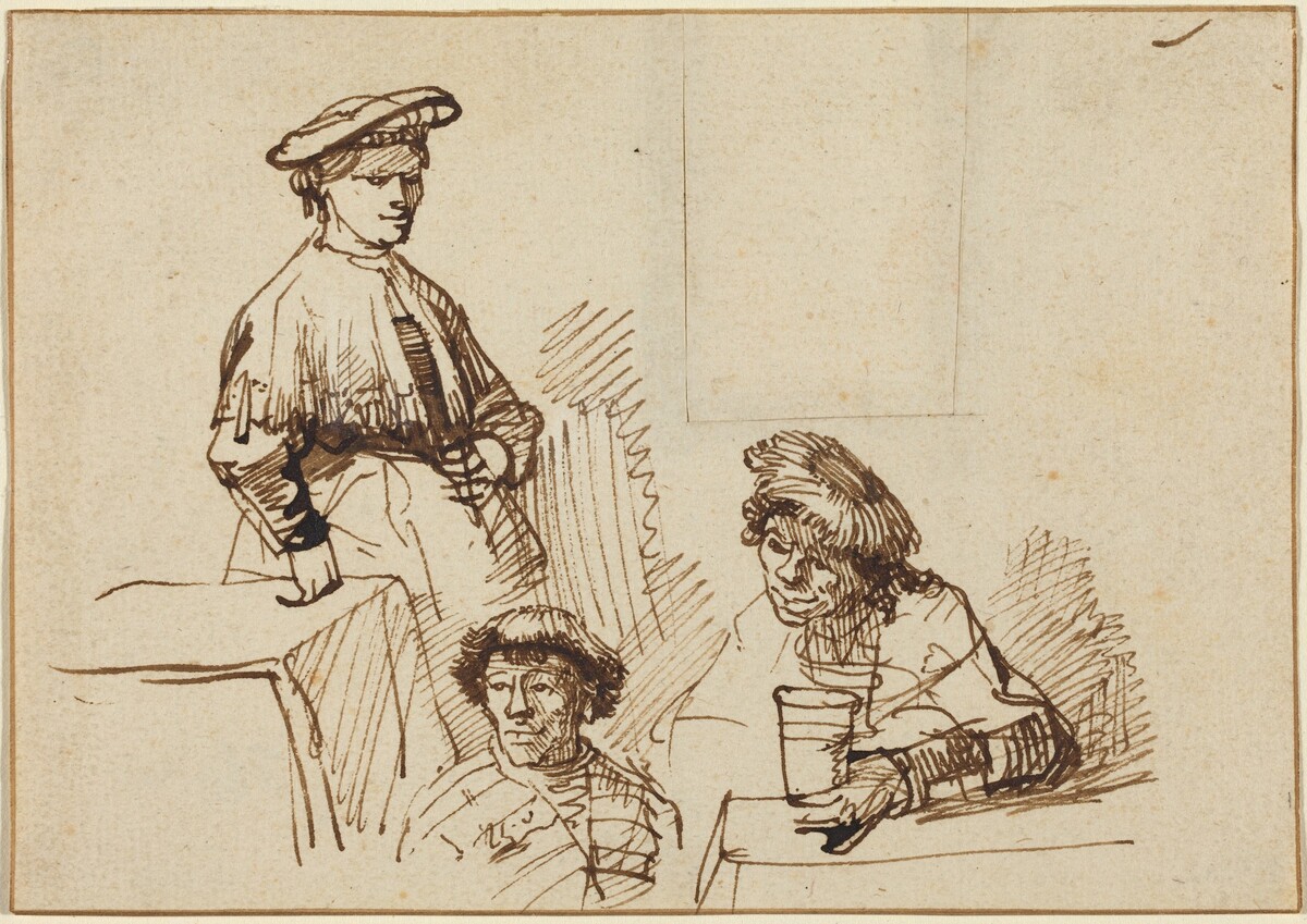 Sketches from a Tavern: Woman Standing and Two Men Seated by Attributed to Rembrandt van Rijn