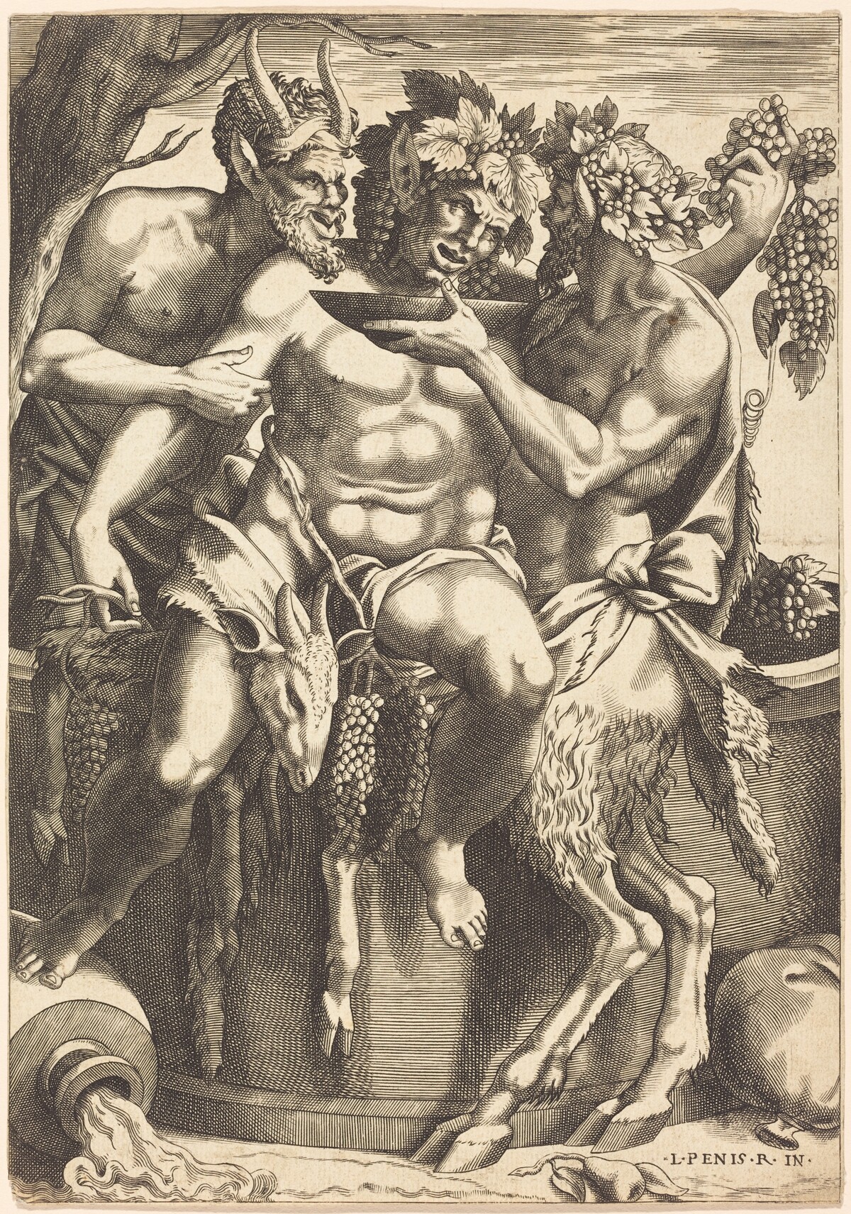 Two Satyrs Giving Drink to Bacchus by René Boyvin after Luca Penni