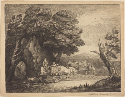 Wooded Landscape with Two Country Carts and Figures