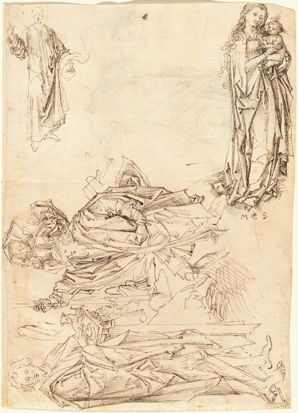 Saint Christopher, Saint John the Baptist, the Virgin and Child, and Christ Blessing (recto) by Master of the Drapery Studies, after Martin Schongauer