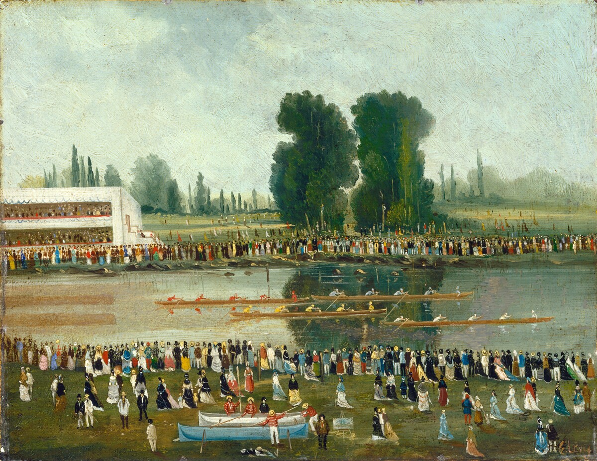 Rowing Scene: Crowds Watching from the River Banks by Émile Lévy