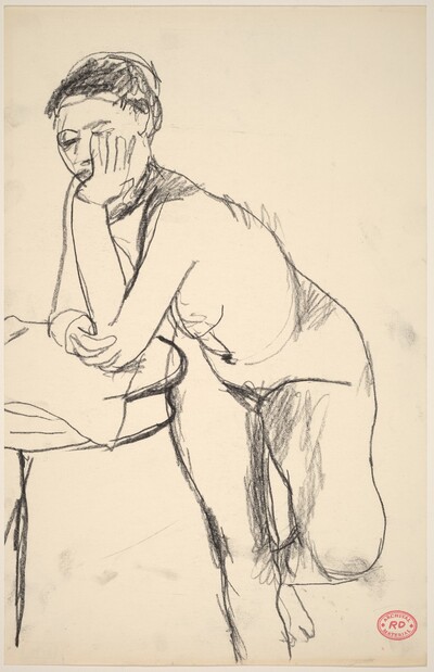 Untitled [standing female nude leaning on table]