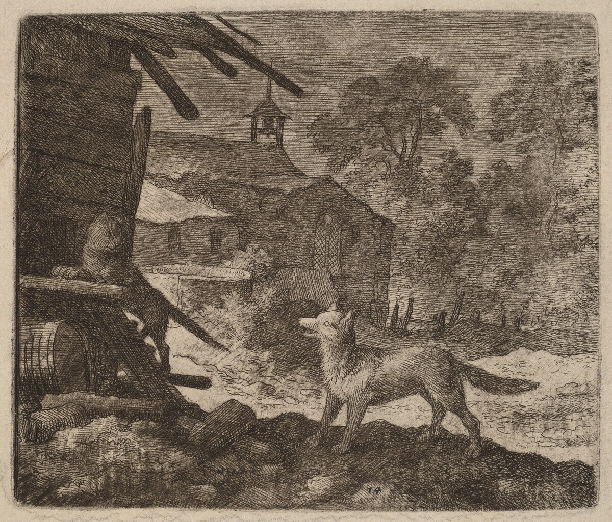 The Cat Enters the Barn as Reynard Looks On by Allart van Everdingen