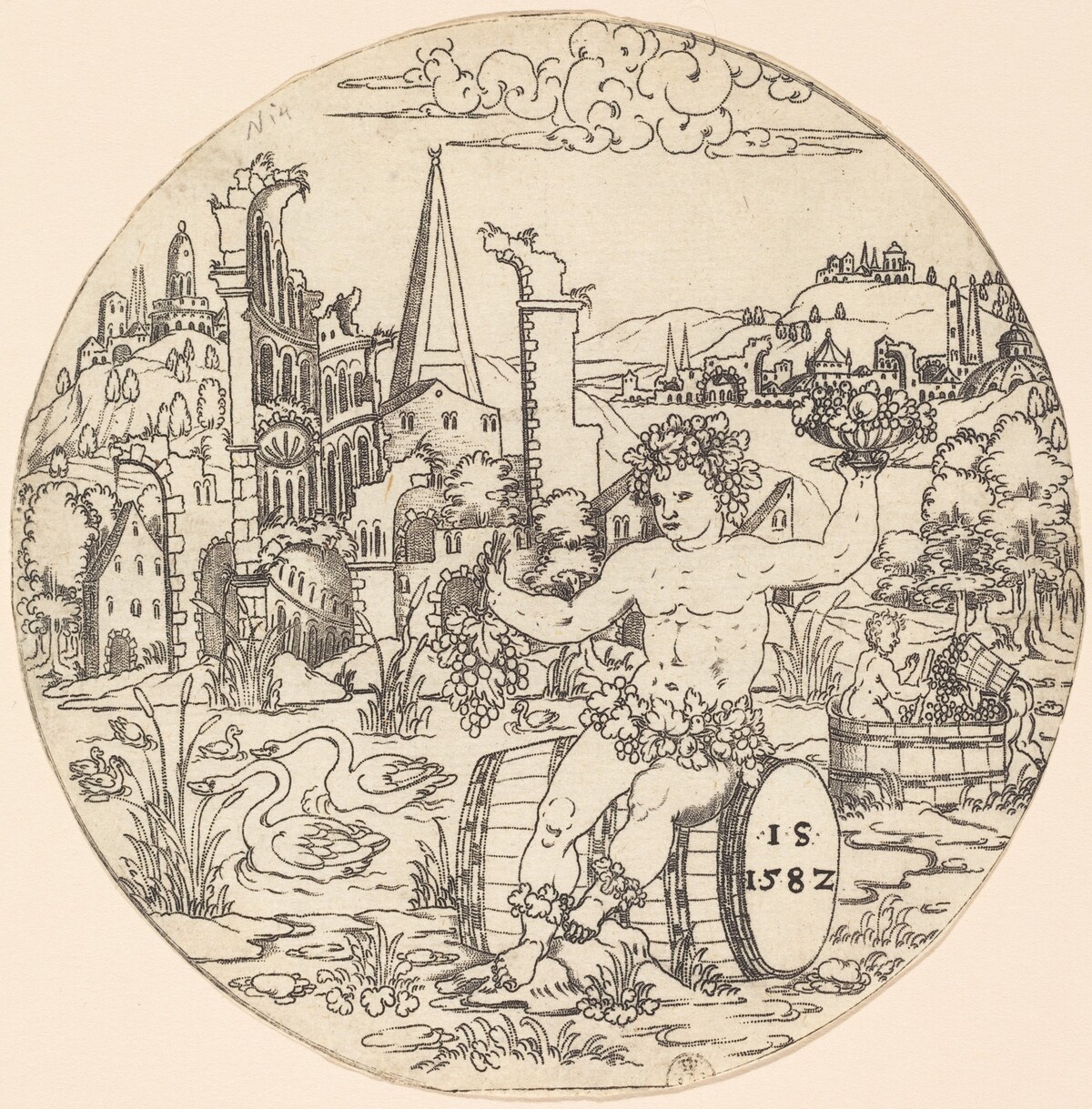 Bacchus Seated on a Barrel and Holding Grapes by Jonas Silber (formerly by Master IS.)