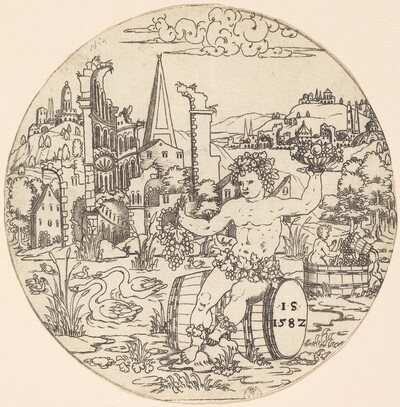 Bacchus Seated on a Barrel and Holding Grapes