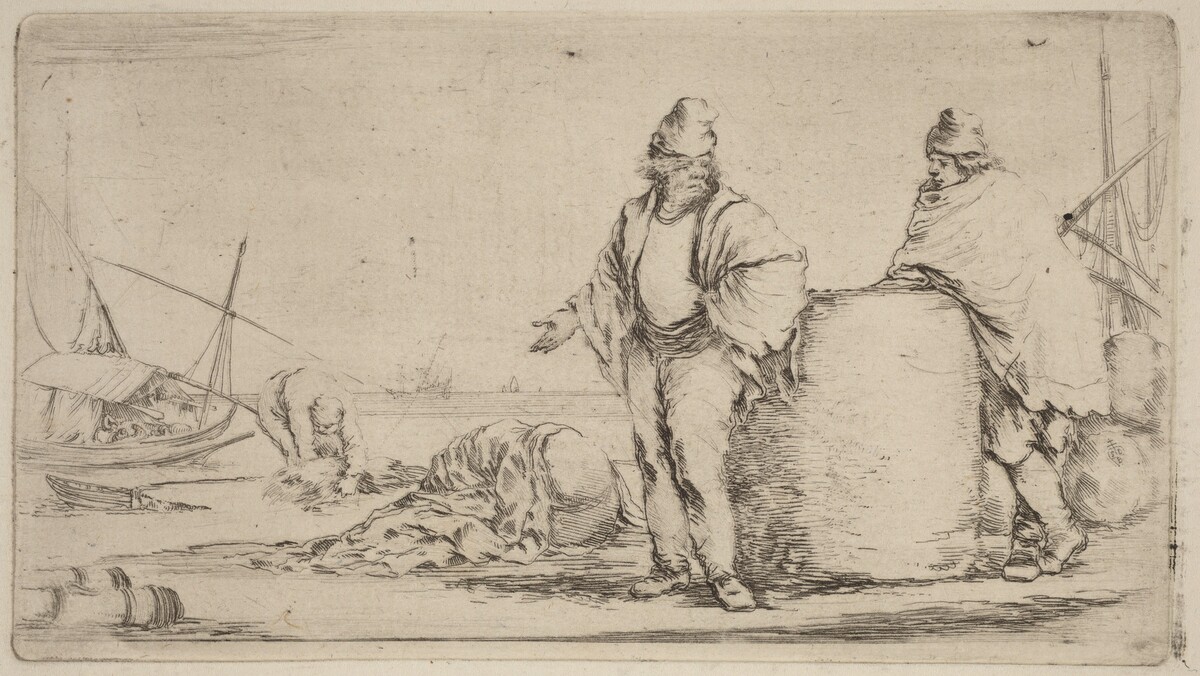 Two Sailors Standing near a Large Bale of Merchandise by Stefano Della Bella