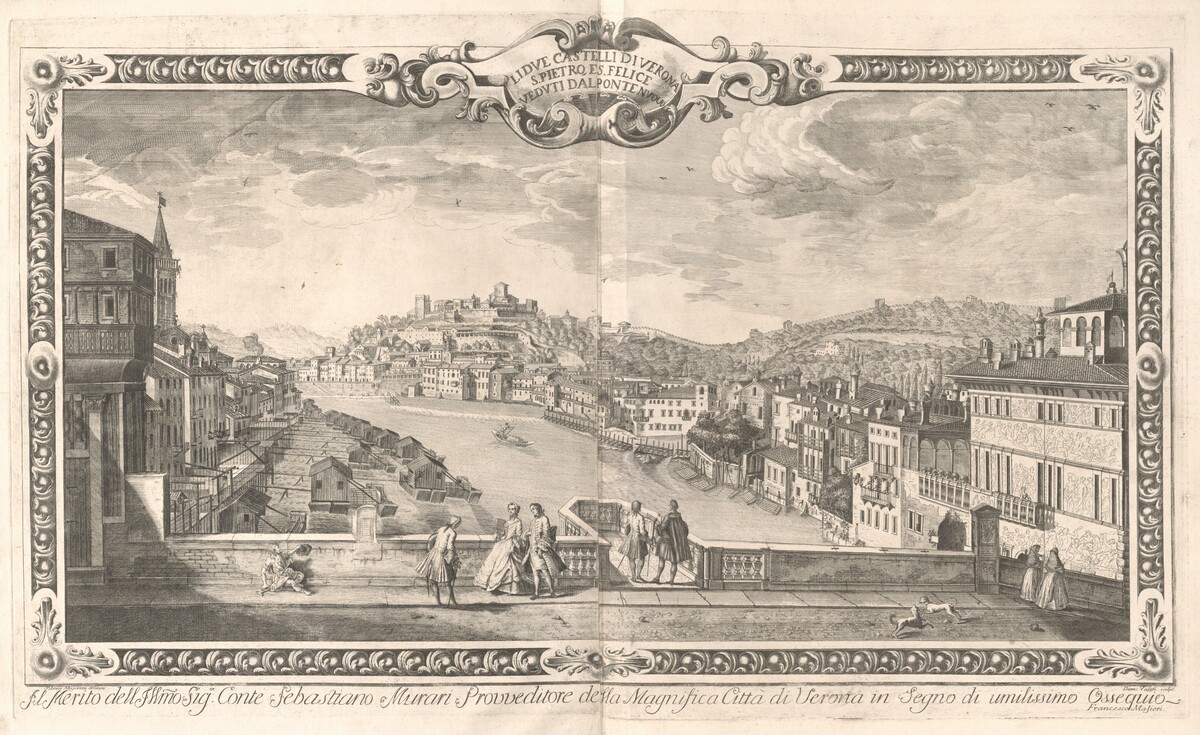 Lidue Castelli di Verona, S. Pietro Felice, Veduti dal Ponte Nuovo by Dionigi Valesio after Tiberio Majeroni