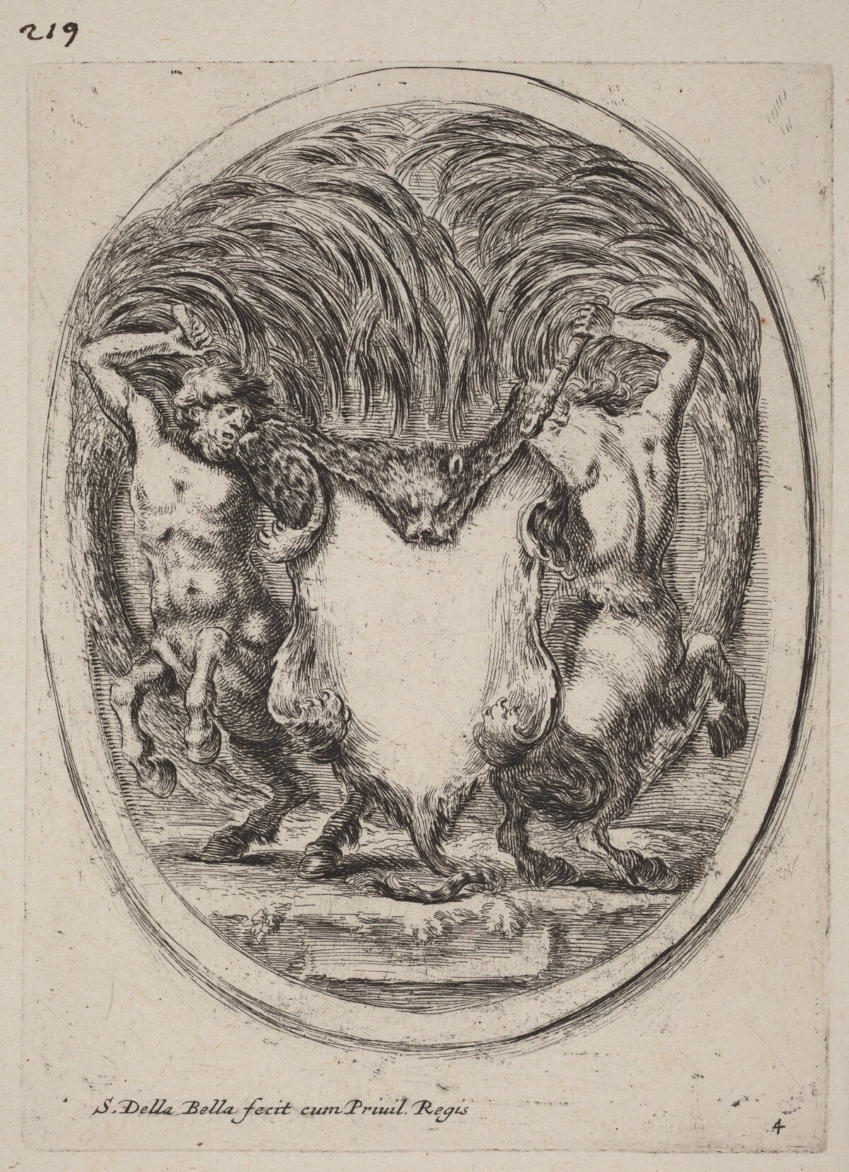 Cartouche in the Form of a Flayed Tiger Supported by Centaurs by Stefano Della Bella