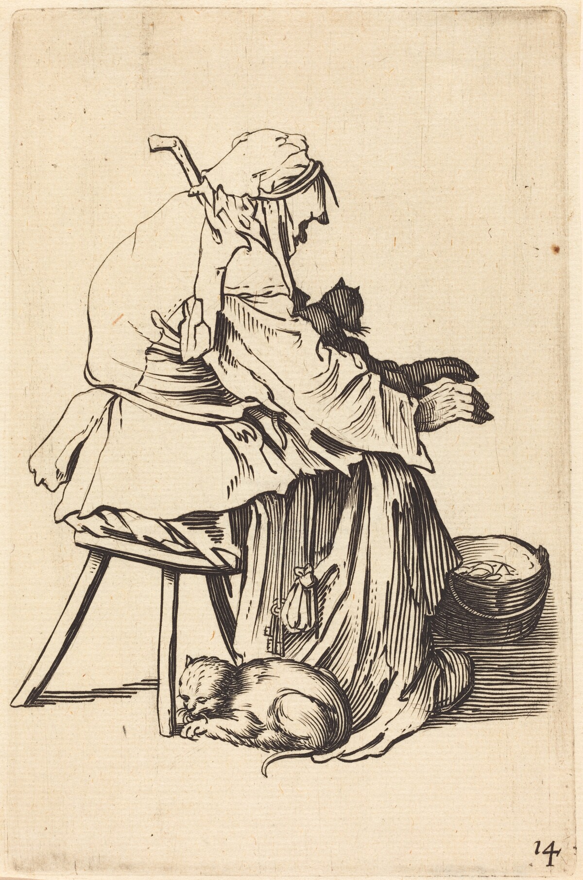 Old Woman with Cats by after Jacques Callot