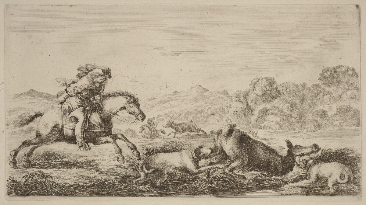 Doe in a Marsh Attacked by Two Dogs by Stefano Della Bella