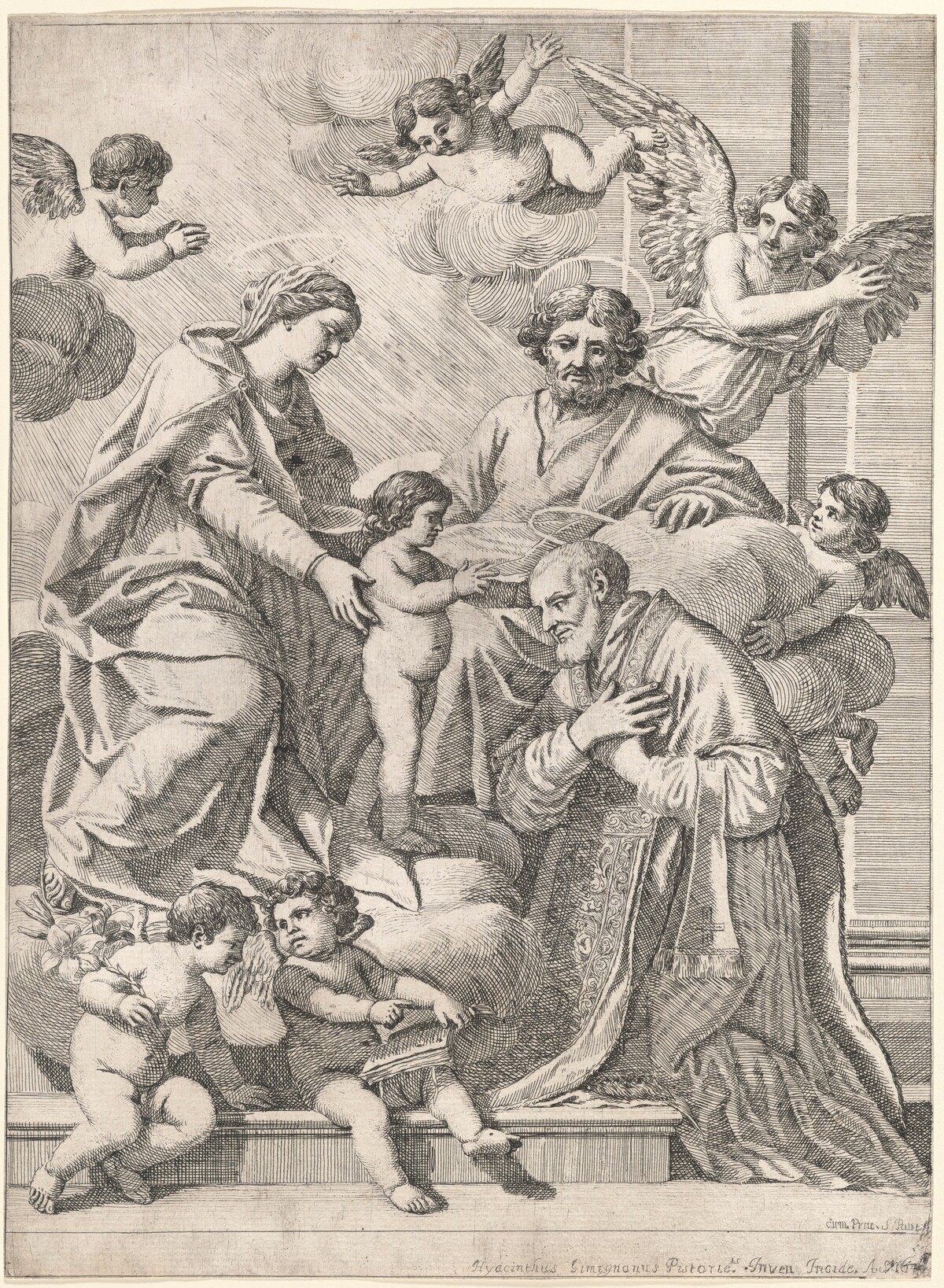 The Holy Family with Saint Philip Neri in Adoration, an Angel, and Putti by Giacinto Gimignani