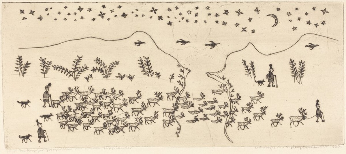 Folk Scene: Men Driving a Herd of Reindeer across a River by Gustav Hagemann