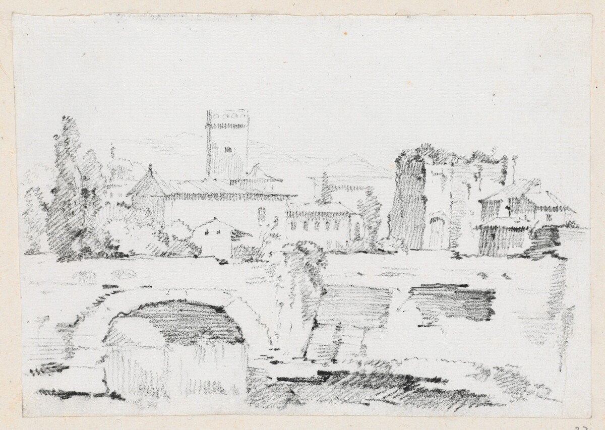 An Italian Town with a Stone Bridge and a Waterfall by Joseph-Marie Vien