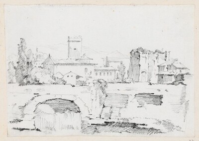 An Italian Town with a Stone Bridge and a Waterfall