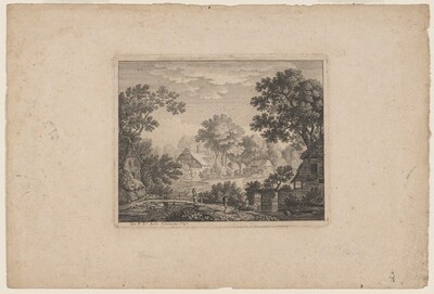 Woodland Village with a Woman on a Footbridge