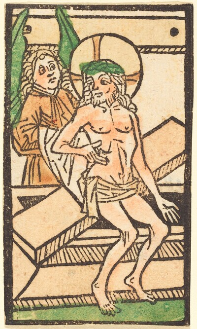 Christ Sitting on His Tomb with One Angel