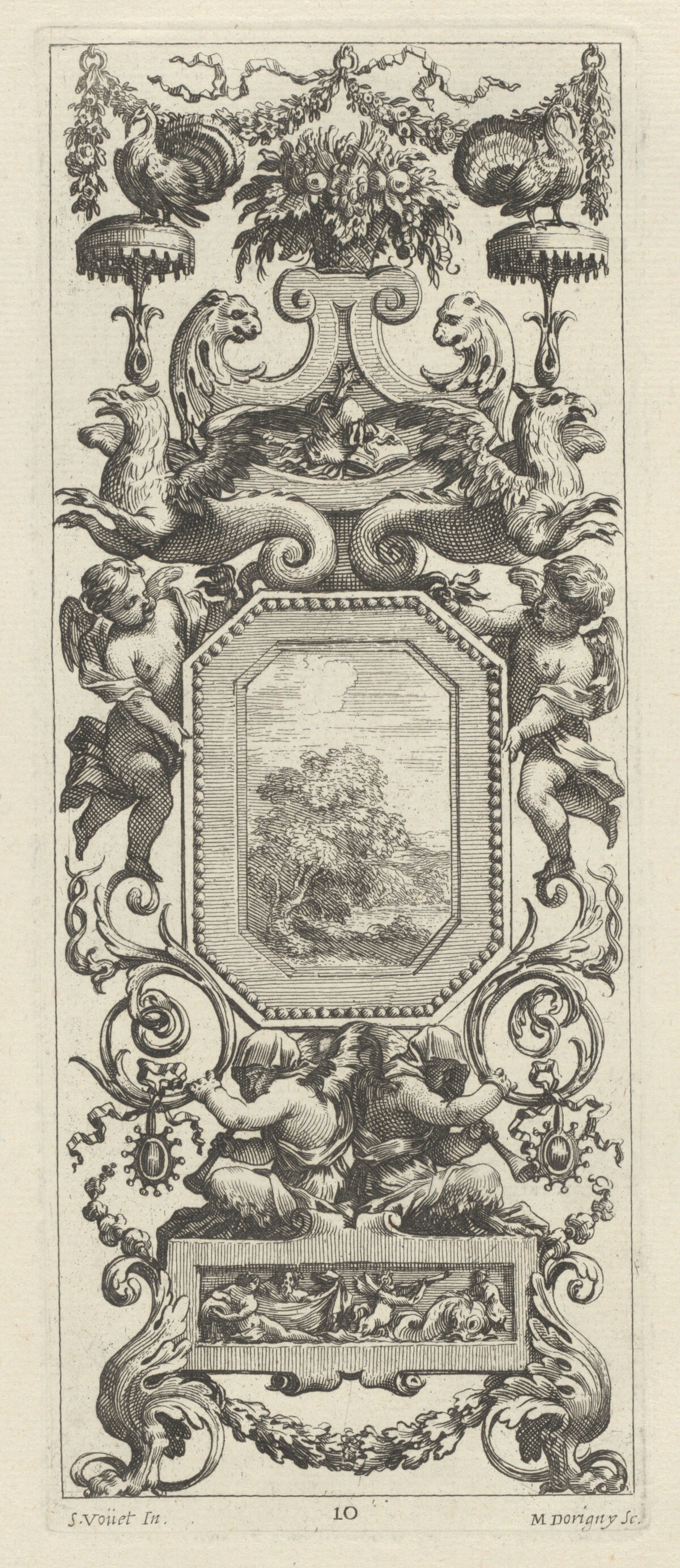 Ornamental Panel Surmounted by a Basket of Flowers and a Garland by Michel Dorigny, after Simon Vouet
