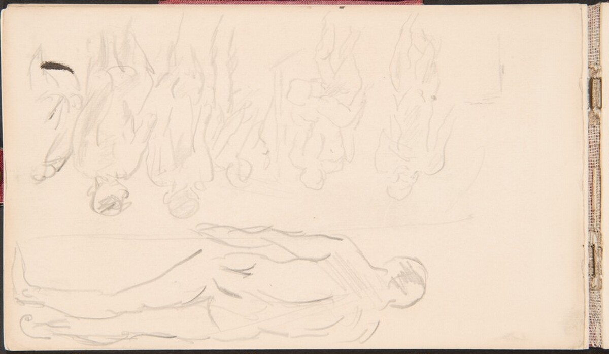 Male Portrait Study and Notes (Männerakte in Rückenansicht in einem Bad) [p. 18] by Max Beckmann