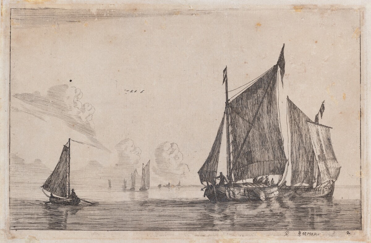 Three Sailing Vessels on Calm Waters by Reinier Nooms, called Zeeman