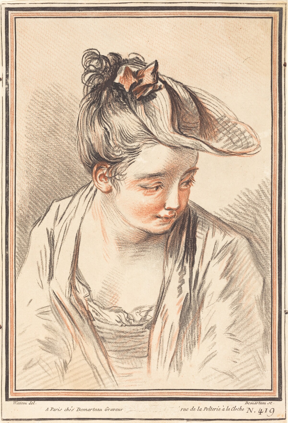 Head of a Young Woman by Gilles Demarteau, the Elder after Antoine Watteau