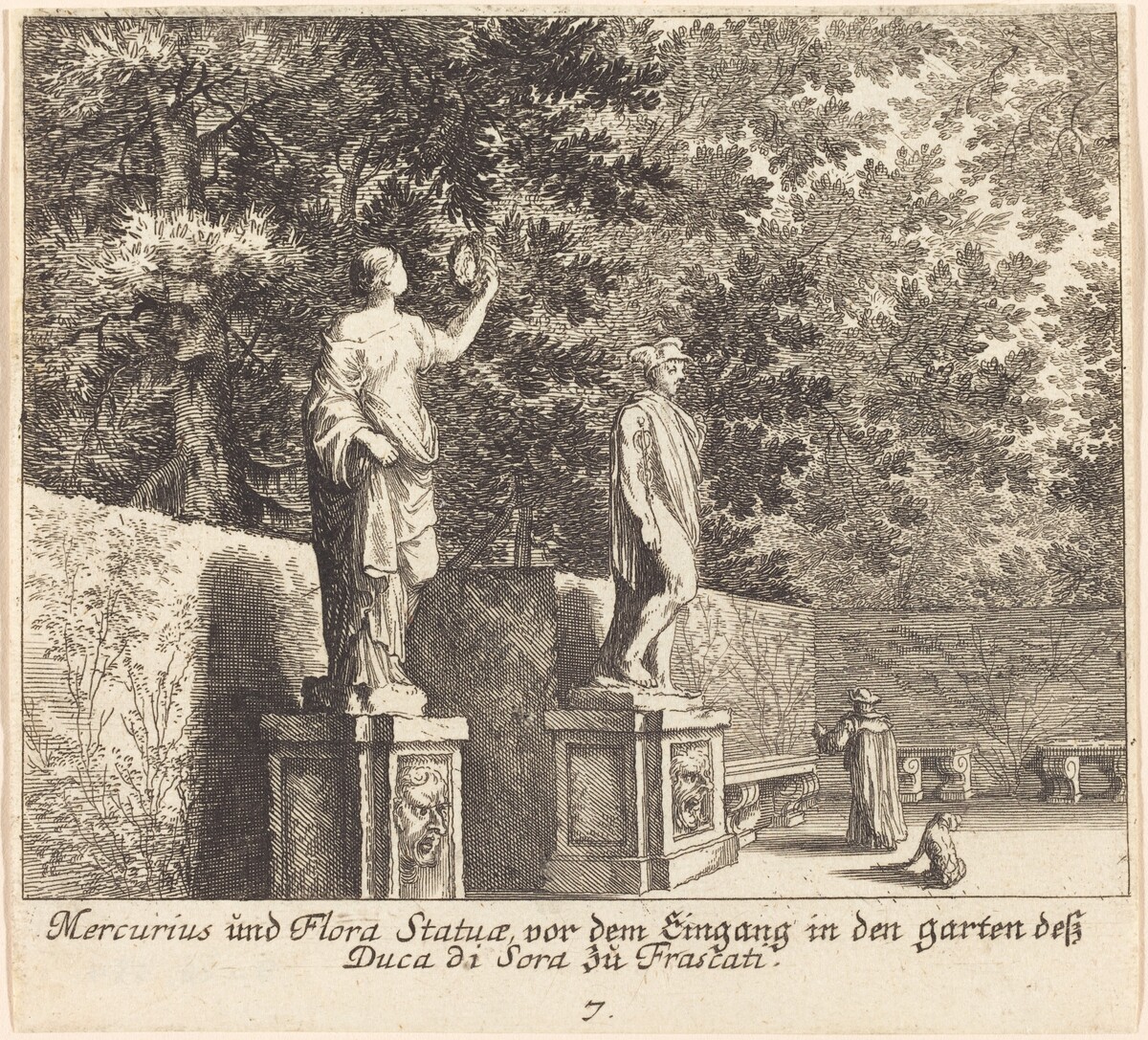 Statues of Mercury and Flora, Gardens of Dukedi Sora, Frascati by Melchior Küsel after Johann Wilhelm Baur