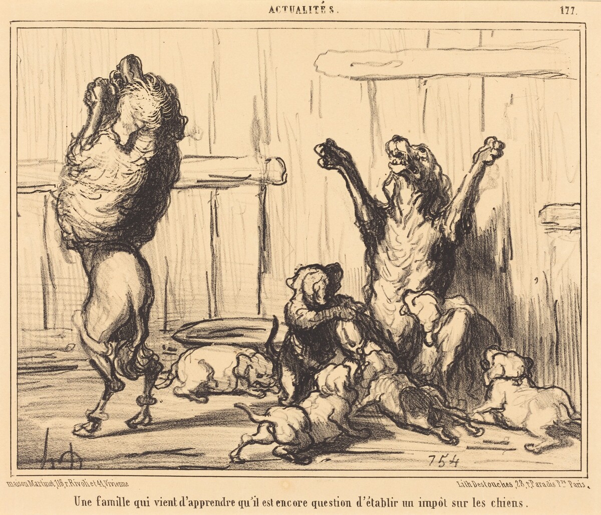 Une Famille qui vient d'apprendre...  un impot sur les chiens by Honoré Daumier