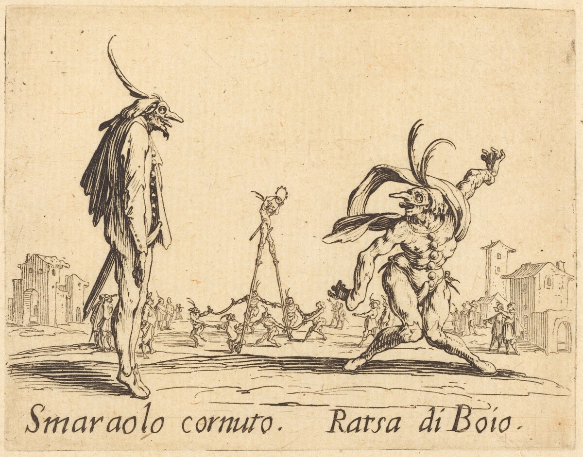 Smaralo Cornuto and Ratsa di Boio by Jacques Callot