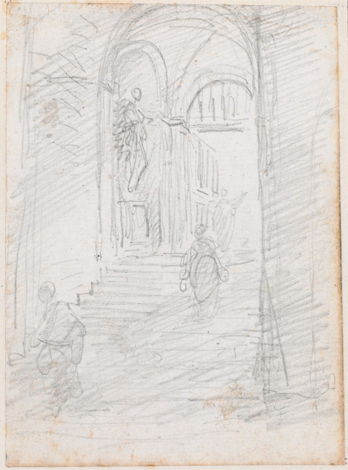 Figures on a Monumental Interior Stairway [recto] by Hubert Robert