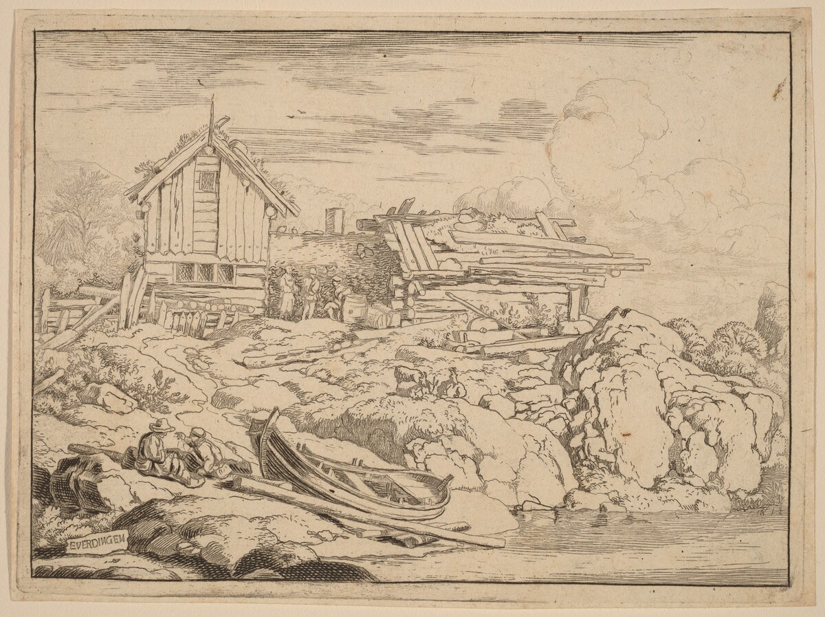 Boat at a River Bank with Three Goats by Allart van Everdingen