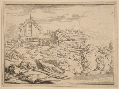 Boat at a River Bank with Three Goats