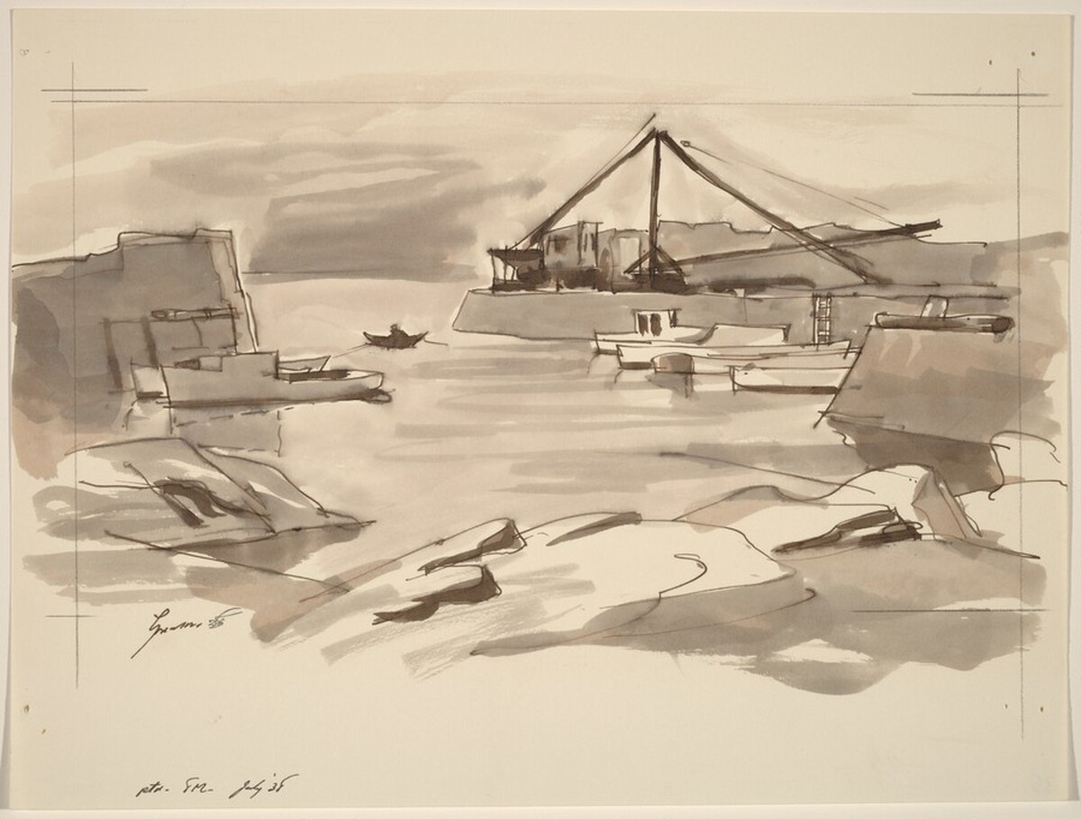 Crane, Boats, and Dock by Donald Carlisle Greason