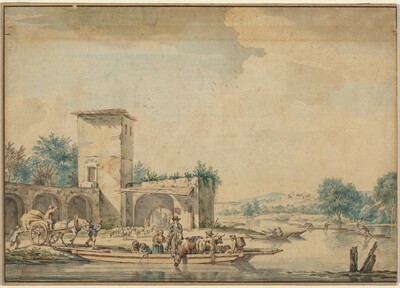 River Landscape with a Ferry Boat