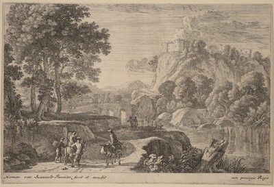 Travelers on Road to Left of a Stream