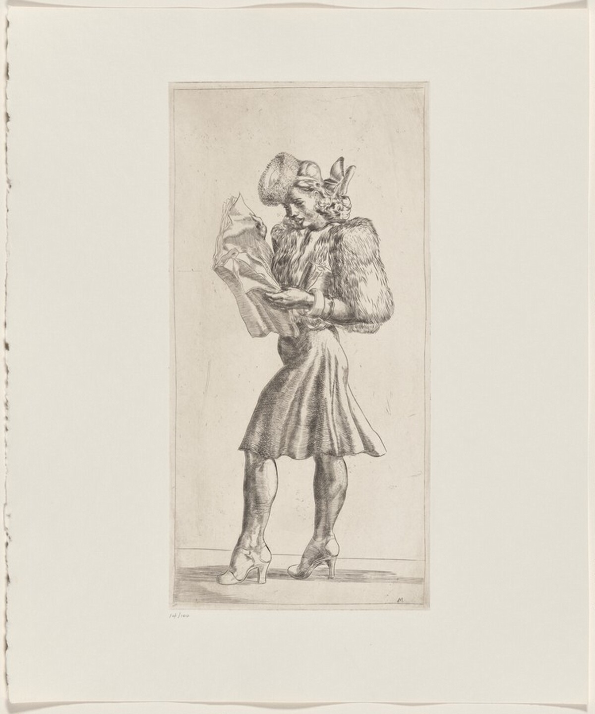 Girl in Fur Jacket Reading Tabloid by Reginald Marsh