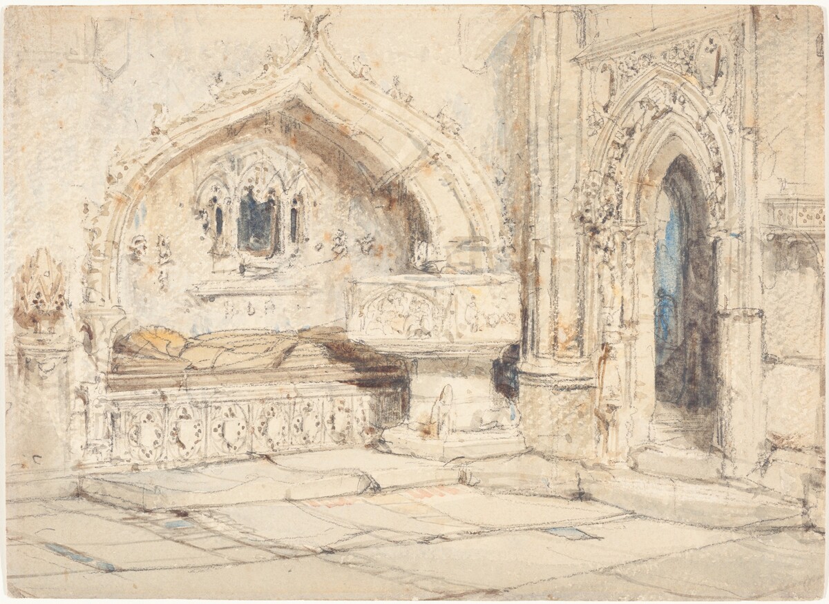 Interior of a Church with a Wall Tomb and Medieval Font by Louis Haghe