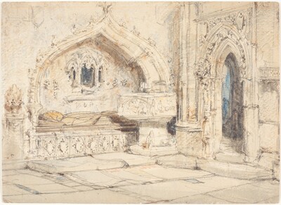 Interior of a Church with a Wall Tomb and Medieval Font