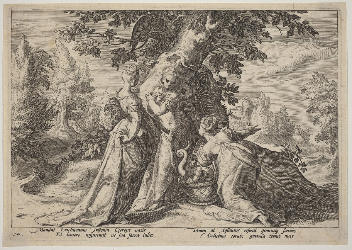 The Daughters of Cecrops Open the Casket Entrusted to Them by Minerva by Workshop of Hendrick Goltzius, after Hendrick Goltzius