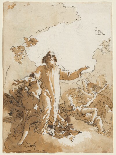 God the Father Standing in Clouds Surrounded by Angels and Putti