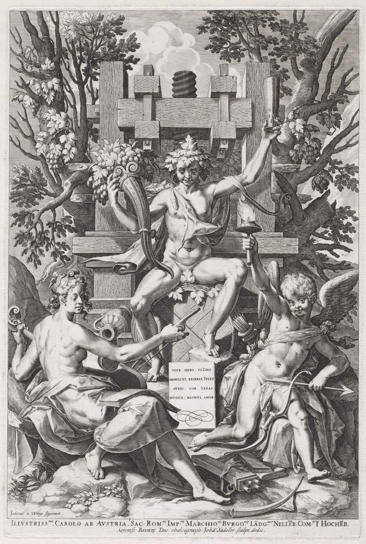 Bacchus Seated on a Barrel between Amor and Music by Jan Sadeler I, after Joos van Winghe