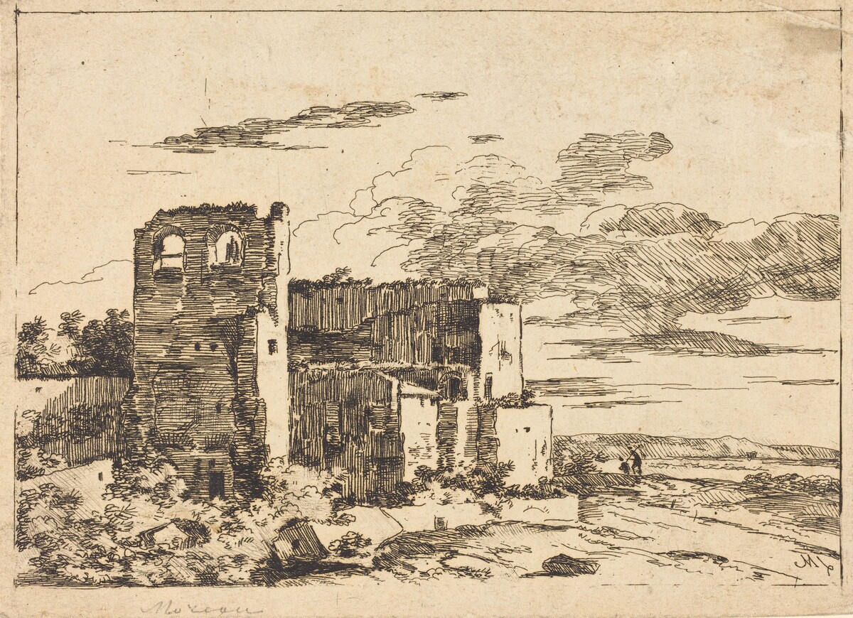 Ruined Buildings near a River Bank by Louis Gabriel Moreau the Elder